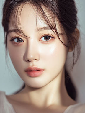 Gambar hasil Forehead Reduction NANA Plastic Surgery, menampilkan wajah model wanita kami dengan dahi yang lebar dan panjang serta garis rambut berbentuk M yang dikoreksi secara bersamaan.