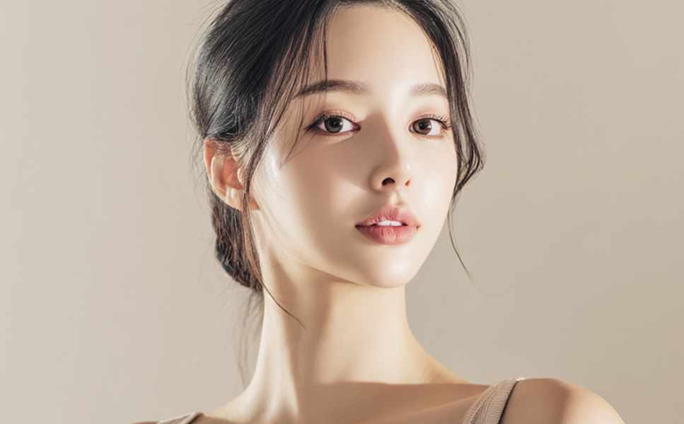 “Gambar wajah sebelum menjalani Forehead Reduction NANA Plastic Surgery, tampak depan wajah wanita dengan hairline berbentuk M atau terlihat tidak simetris.”